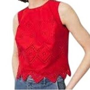 WHITE HOUSE BLACK MARKET Flamenco Red Embroidered Poplin Crop Top EUC Size Large